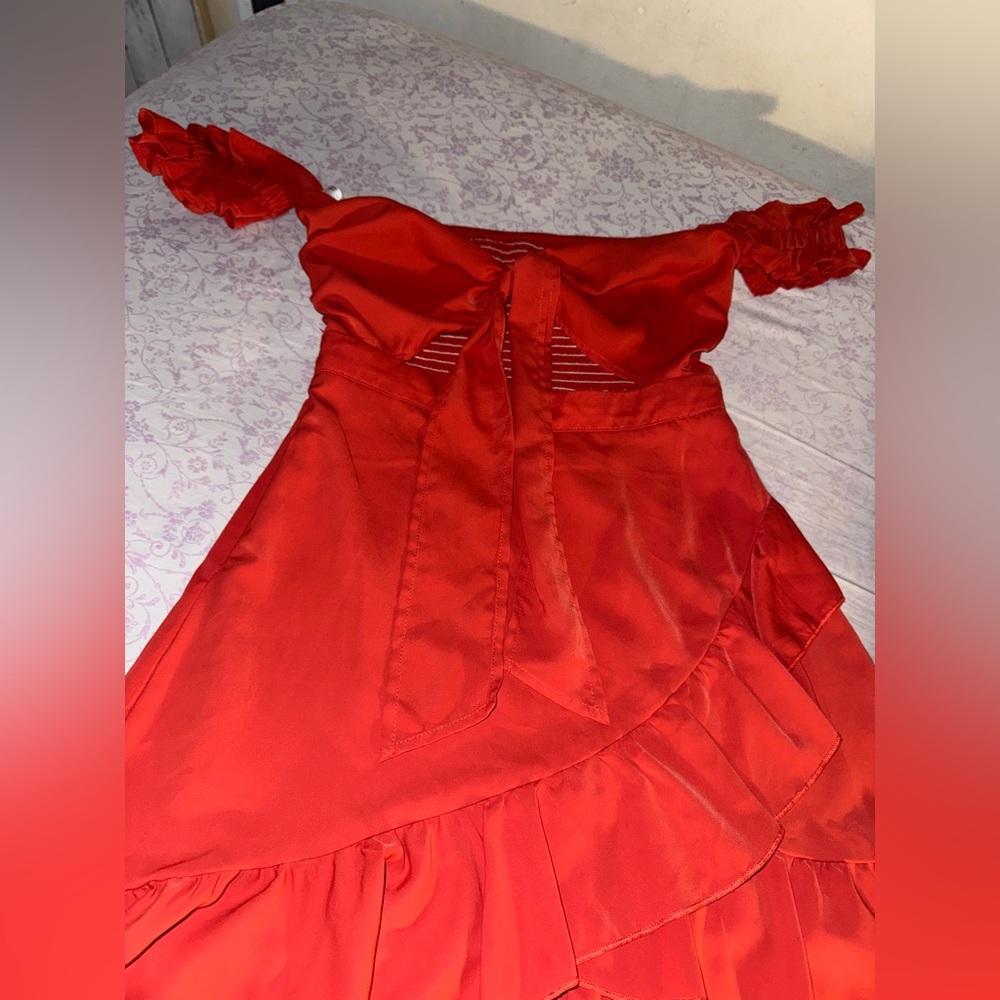 Red Off-Shoulder Dress with Ruffle Details
